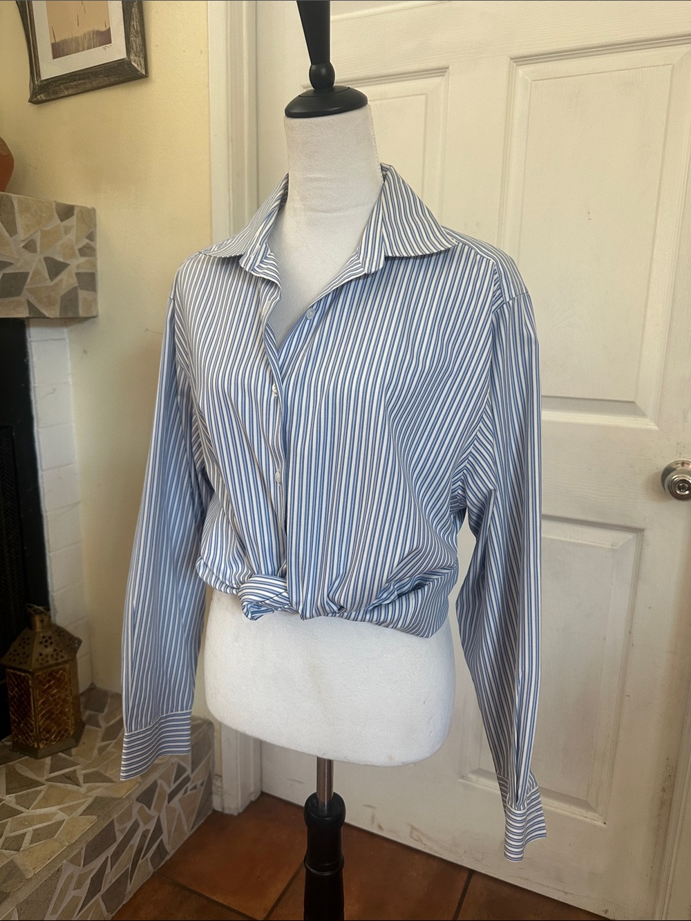 Talbots Wrinkle resistant White & Blue Vertical Stripe Dress Shirt